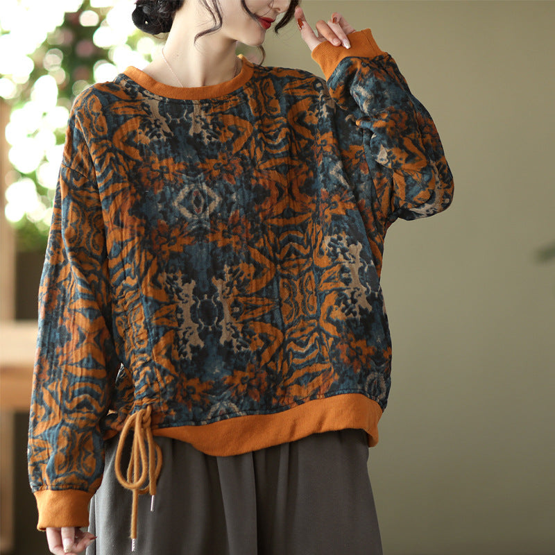 Large Size Slim Round Neck Printed Retro Loose Sweater