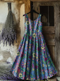 Women's Floral Art Print Crew Neck Sleeveless Cotton Pocket Dress