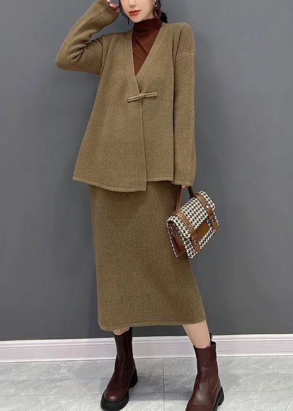Coffe V Neck Knit Cardigans and Skirts Two Pieces Set Winter