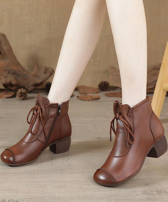 Brown Chunky Cowhide Leather Simple Splicing Ankle Boots