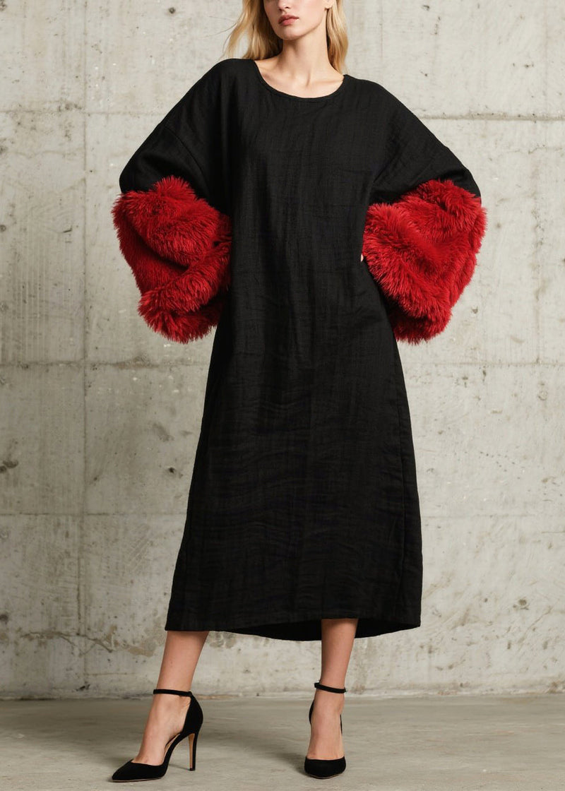 French Black O-neck Patchwork Faux Fur Straight Dresses Fall