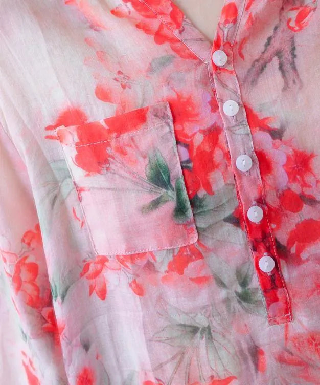 French V Neck Pockets Summer Tunic Pattern Outfits Red Print Shirts