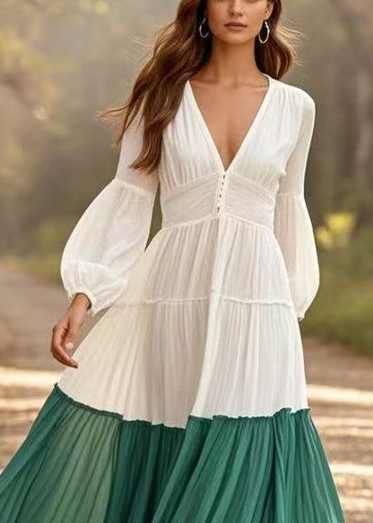 White V Neck Patchwork Exra Large Hem Cotton Pleated Dresses Spring