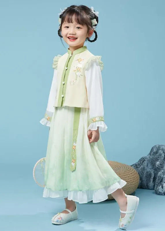 Yellow Green Stand Collar Embroideried Kids Top and Maxi Skirts Two Piece Set Fall