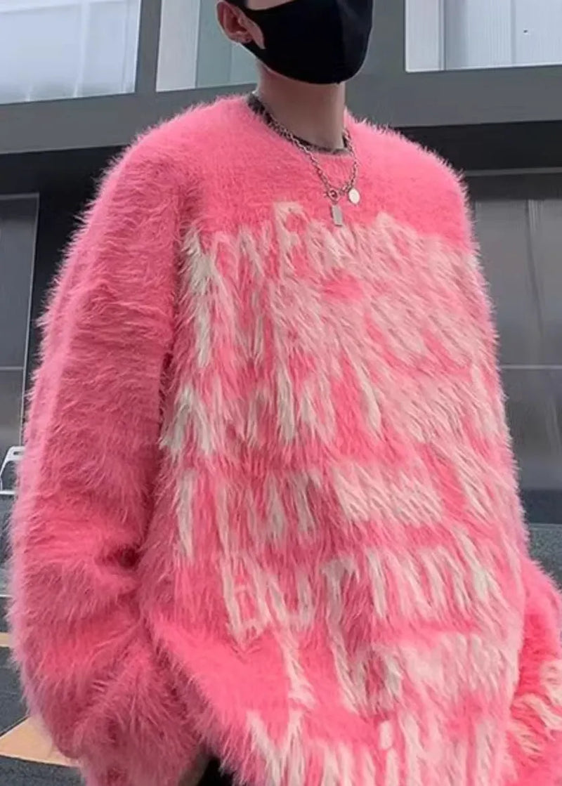 Classy Pink O Neck Letter Mink Velvet Sweater Sweater