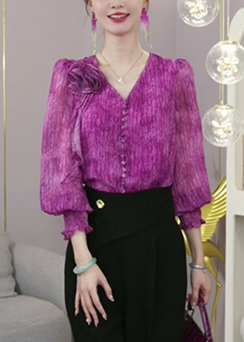 Purple V Neck Tie Dye Chiffon Blouses Fall