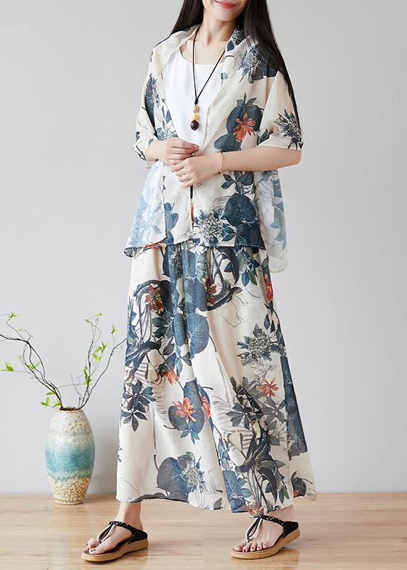 Chinese Style Nude Color Printing Retro Loose Large Size Chiffon Skirt Pants Wide Leg Pants Skirt + Shawl