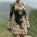 Comstylish Women's Hot Sexy Style Halloween Skeleton Bones Leather With Rose Pattern Art Cozy Knit Mini Sweater Dress
