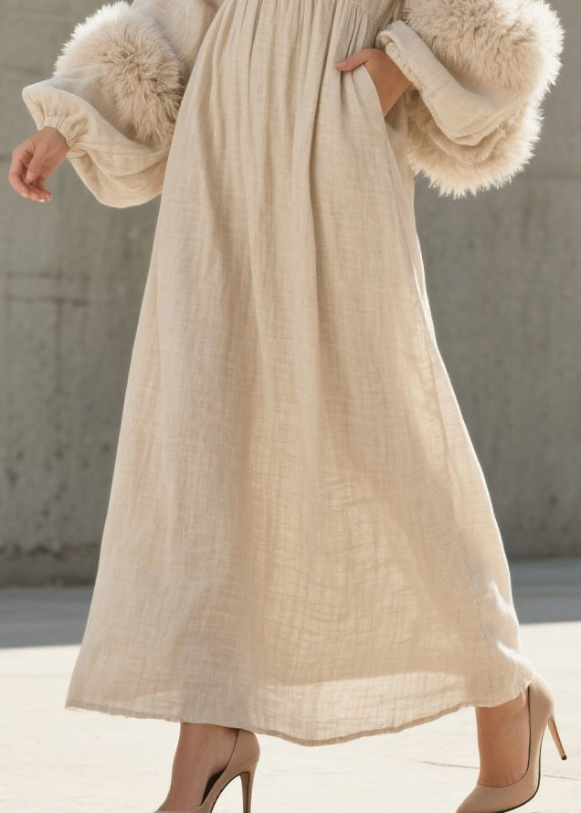 White V Neck Patchwork Faux Fur Ankle Dress Lantern Sleeve