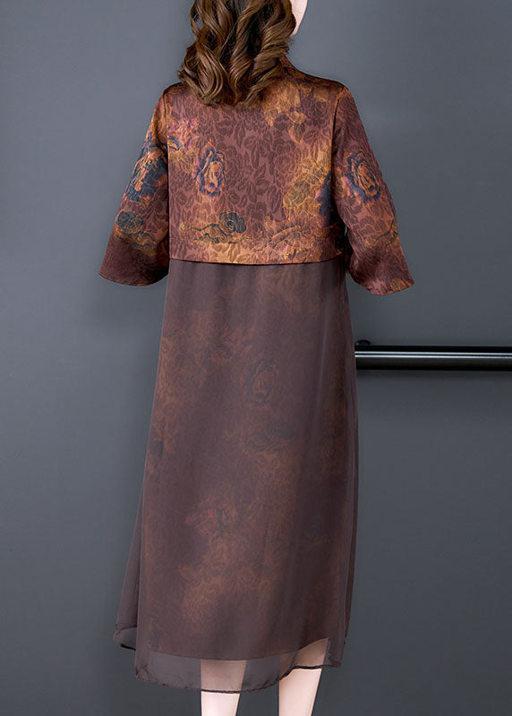 Coffee Tasseled Print Patchwork Silk Cardigan Summer