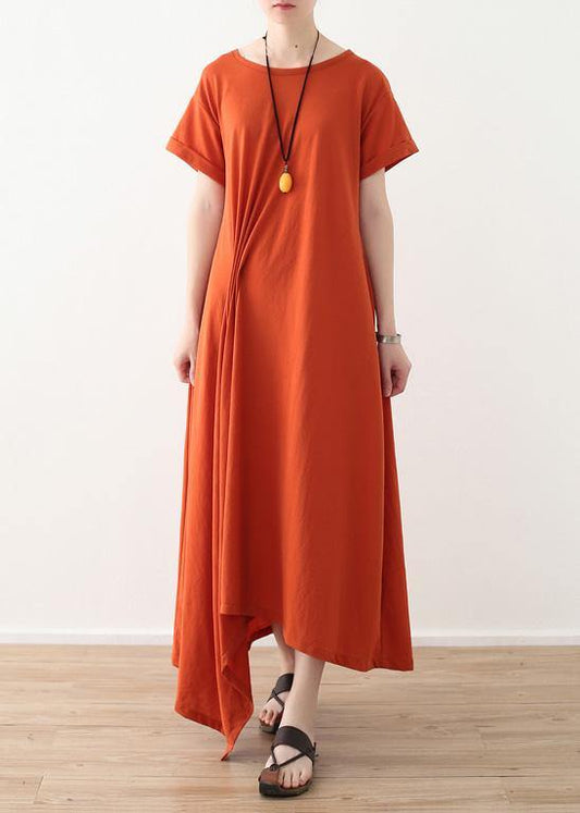 Organic Asymmetric Design Hem Linen Clothes Short Sleeve Long Orange Dresses