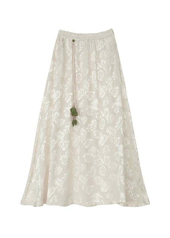 Loose White Print Elastic Waist Satin a Line Skirt Fall