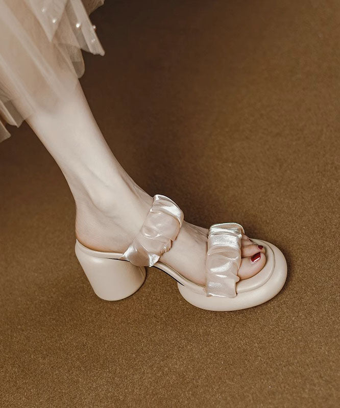 Apricot Peep Toe Tulle Splicing Chunky Slide Sandals