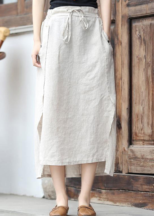 Brown Elastic Waist Tie Waist Asymmetrical Pockets Linen Skirt Spring
