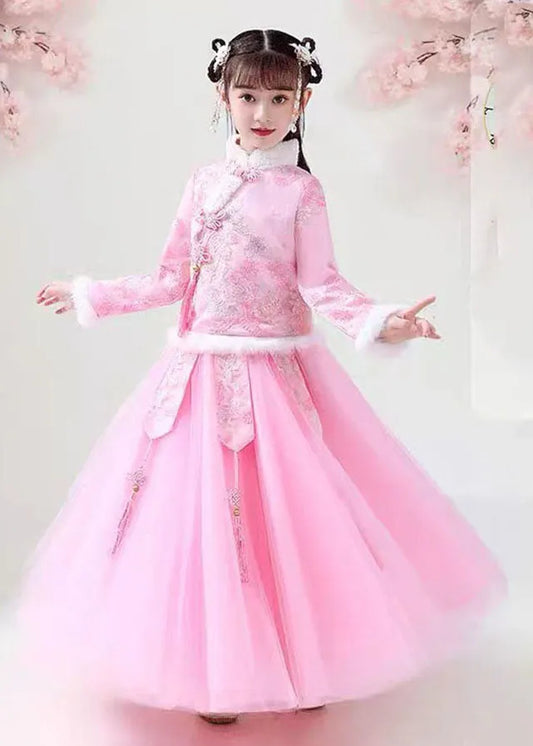 Style Pink Embroideried Warm Fleece Coats and Tulle Maxi Skirts Two Pieces Set Long Sleeve