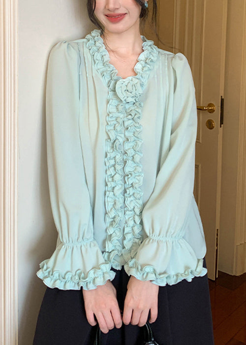 Mint Green Chiffon Blouses V Neck Spring