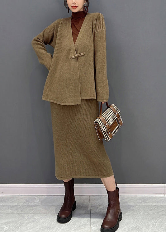 Coffe V Neck Knit Cardigans and Skirts Two Pieces Set Winter
