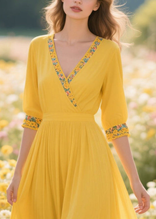 Yellow Patchwork Print Chiffon Holiday Dress Summer