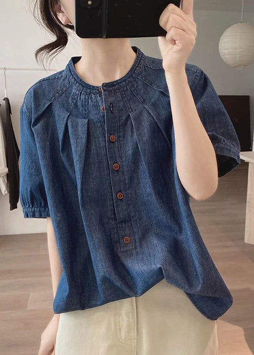 Blue O Neck Button Denim T Shirts Summer