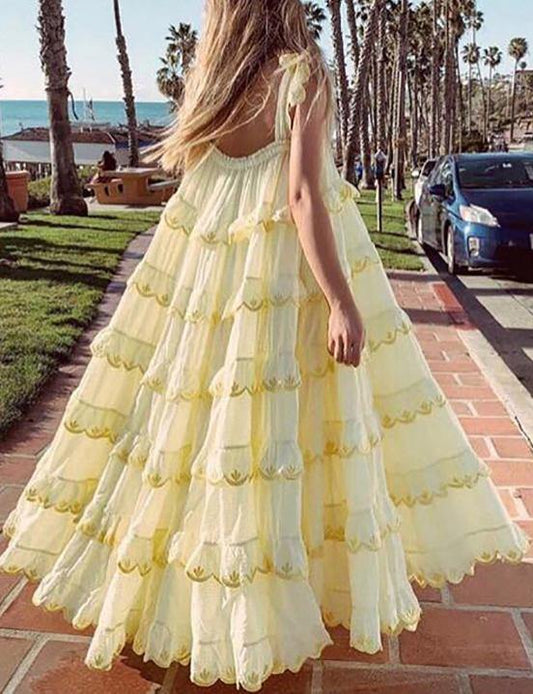 Patchwork Ruffles Yellow for Off Shoulder Sleeveless Oversized Dresses