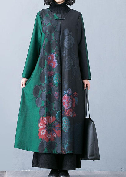 Maxi Coat Fall Trench Coats Green Prints O Neck Overcoat