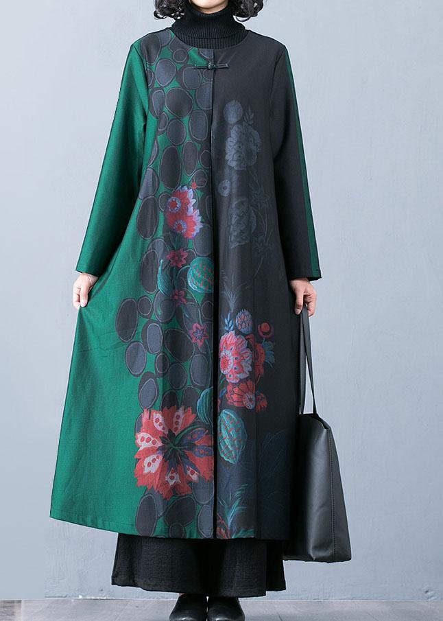 Maxi Coat Fall Trench Coats Green Prints O Neck Overcoat