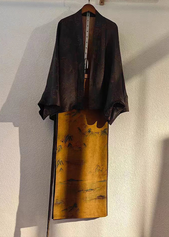 Chinese Style Black Tops and Skirts Patchwork Silk Two Pieces Set Fall