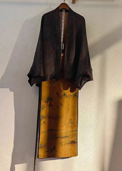 Chinese Style Black Tops and Skirts Patchwork Silk Two Pieces Set Fall