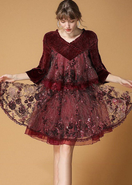 Mulberry V Neck Organza Patchwork Silk Velour Dresses Flare Sleeve