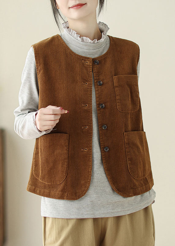 Caramel O Neck Pockets Corduroy Vest Sleeveless