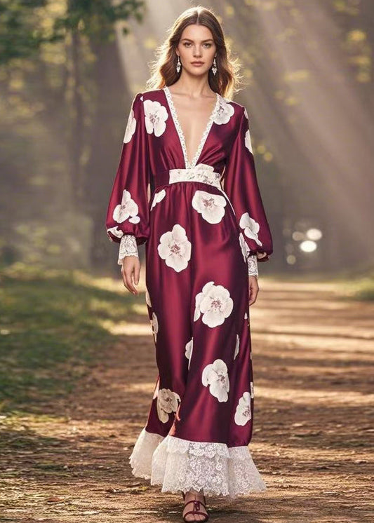 Wine Red V Neck Print Patchwork Silk Long Dress Spring