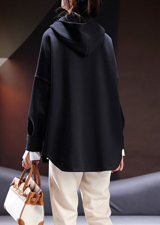 Black Hooded Zippered Pockets Cotton Sweatshirt Long Sleeve