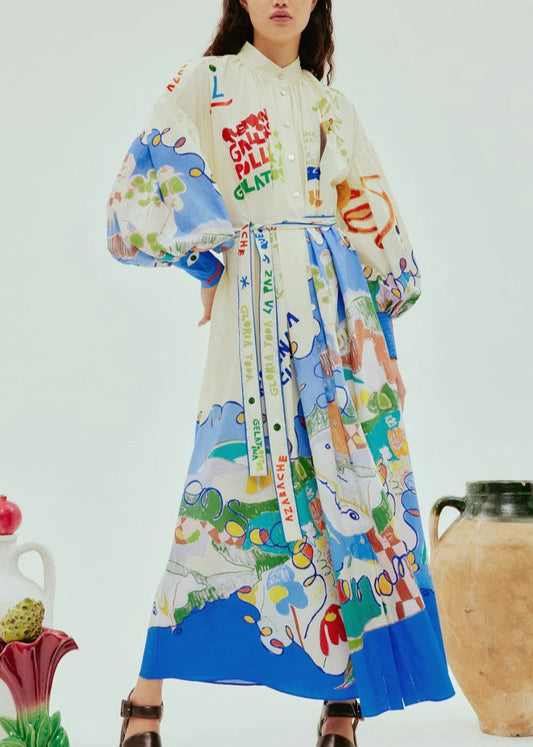 Stand Collar Print Button Long Dress Lantern Sleeve