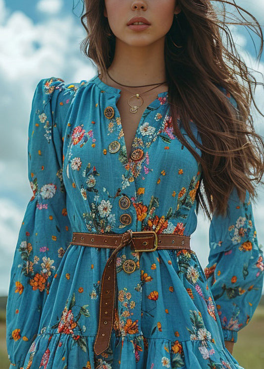 Blue Ruffled Print Button Cotton Short Dresses Spring
