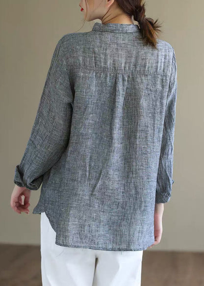 Handmade Grey Peterpan Collar Button Fall Blouses Long Sleeve
