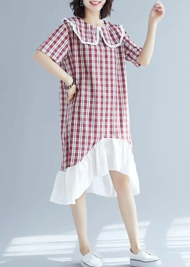 Patchwork Linen Clothes for Sleeve Red Plaid Dress Summer