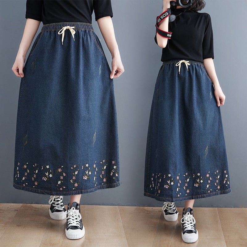 Retro Embroidery Loose Denim Skirt
