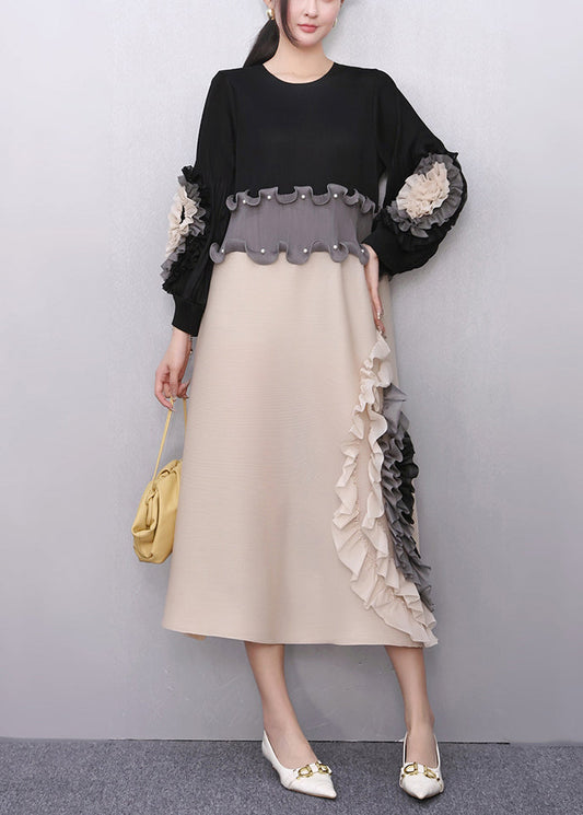 Black Nail Bead Patchwork Fall Maxi Dresses Ruffled
