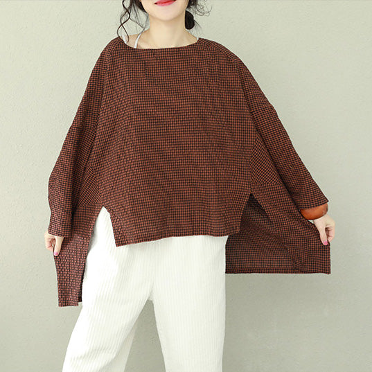 Asymmetric Cotton Fine Work Black Brown Plaid Oversized Tops