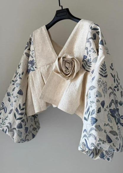 Original Design Beige V Neck Patchwork Cotton Coats Lantern Sleeve