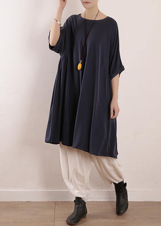 O Neck Large Hem Silk Tunics Design Blue Art Dress Summer