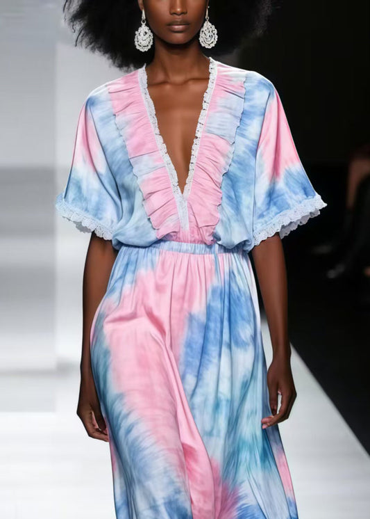 Rainbow Ruffled Tie Dye Chiffon Maxi Dress Summer