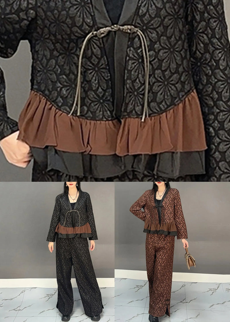 Chinese Style Black V Neck Button Top and Wide Leg Pants Two Pieces Set Spring