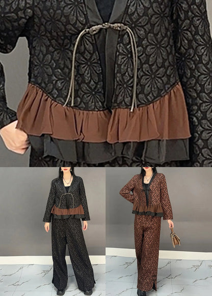 Chinese Style Black V Neck Button Top and Wide Leg Pants Two Pieces Set Spring