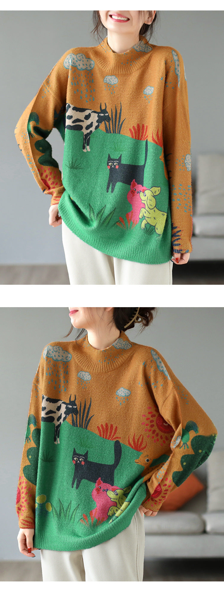 Artistic Retro Half Turtleneck Faux Mink Knitted Sweater