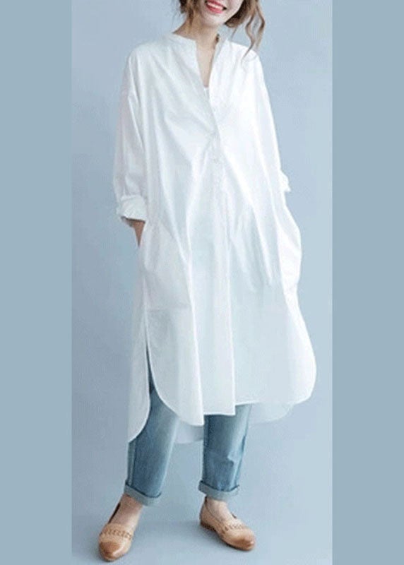 Fine White Pockets Button Side Open Fall Shirt Long Sleeve