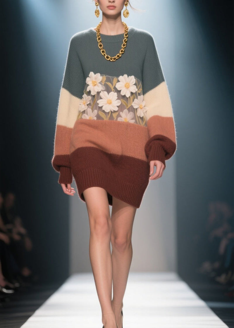 Italian Colorblock O Neck Knit Dress Winter