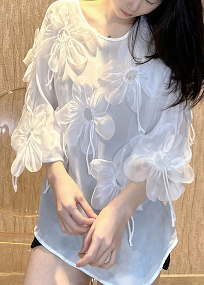 Rose O-neck Chiffon Shirt Bracelet Sleeve