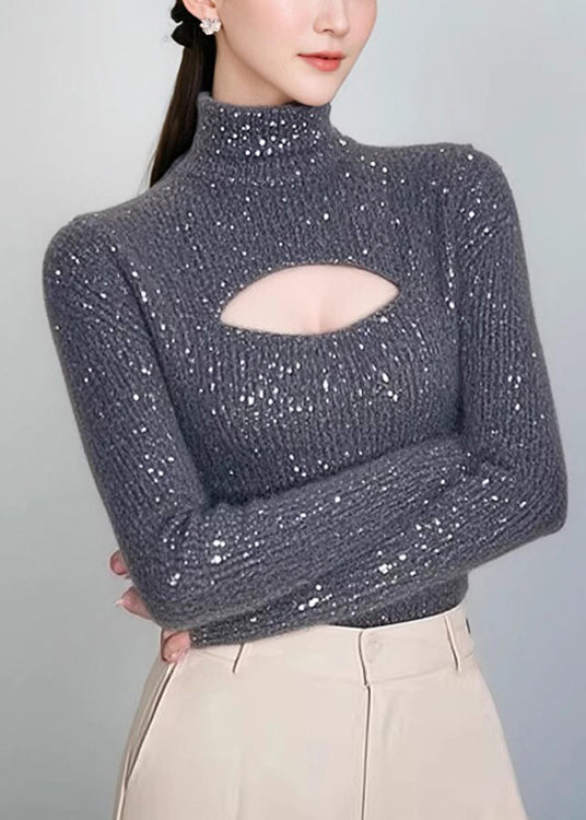 Grey Hign Neck Hollow Out Knit Sweater Spring