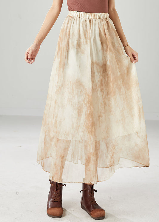 Khaki Elastic Waist Tie Dye Chiffon Skirts Summer